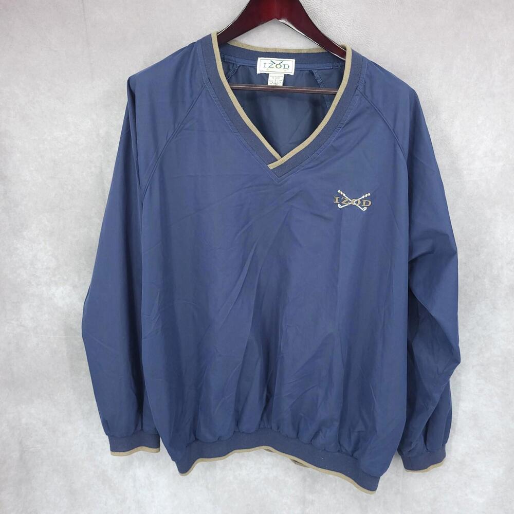 Izod Golf Windbreaker Mens Large V Neck Blue Pullover Jacket Polyester